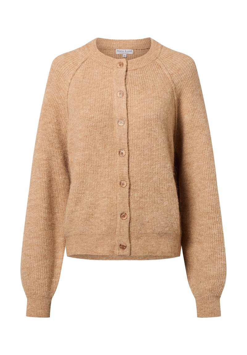 Beige gebreide cardigan met een ronde halslijn, sluiting met knopen aan de voorkant, geribbelde manchetten en een licht oversized pasvorm. Zachte textuur met een gemêleerd patroon.