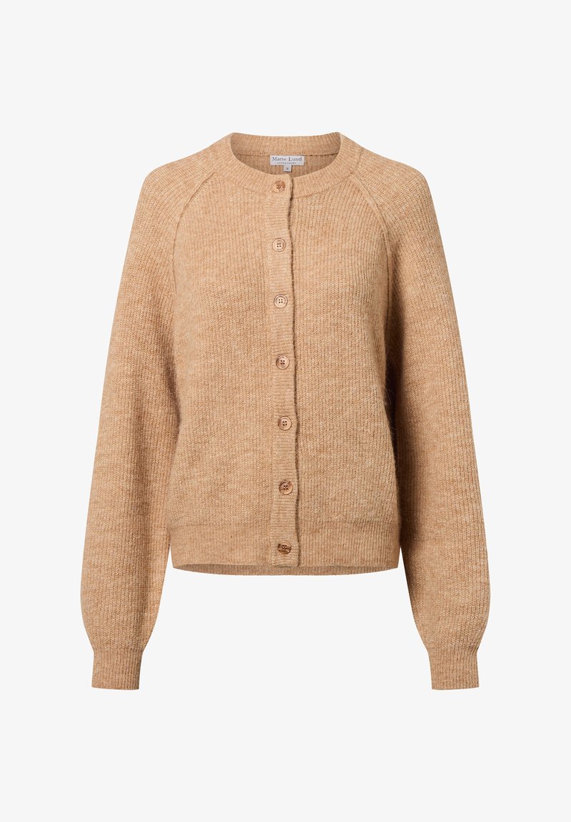 Beige gebreide cardigan met een ronde halslijn, sluiting met knopen aan de voorkant, geribbelde manchetten en een licht oversized pasvorm. Zachte textuur met een gemêleerd patroon.