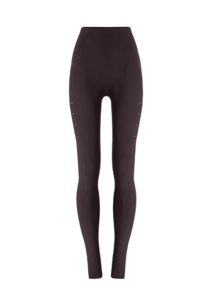 Leggings noirs taille haute avec une texture lisse, dotés de détails de couture verticale le long des côtés et d'une coupe ajustée.