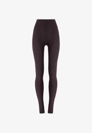 Leggings noirs taille haute avec une texture lisse, dotés de détails de couture verticale le long des côtés et d'une coupe ajustée.