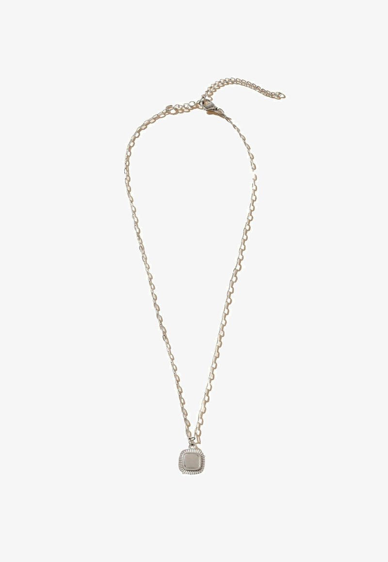 Silver necklace with a delicate chain and square pendant featuring a textured border. The pendant has a smooth center and a lobster clasp.