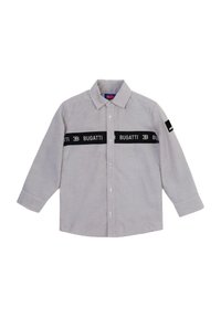 Maglietta grigia a maniche lunghe in cotone, caratterizzata da una fascia nera con il logo "BUGATTI", chiusura a bottoni e una toppa sulla manica sinistra.