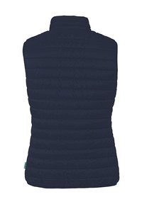 Donkerblauwe mouwloze gewatteerde vest met een doorgestikt ontwerp, voorzien van een hoge kraag en zijnaad, gemaakt van lichtgewicht, weerbestendig materiaal.