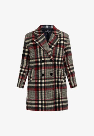 Dwurzędowy płaszcz w kratę, z kolorami czerwonym, czarnym, kremowym i szarym. Wykonany z teksturowanej wełny z dwoma bocznymi kieszeniami.