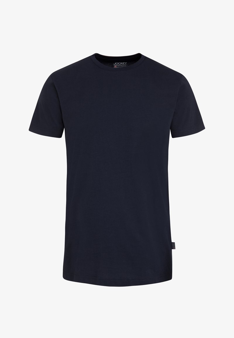 Donkerblauw katoenen T-shirt met korte mouwen, een ronde hals en een rechte zoom. Heeft een logo-label op de zijnaad.