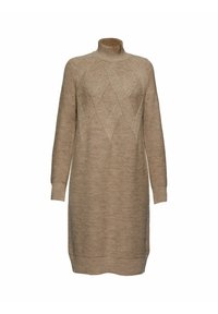 Robe-pull beige en maille à manches longues avec col montant et motif géométrique texturé à l'avant, poignets et ourlet côtelés.