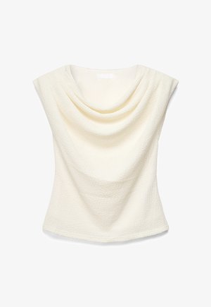 Mouwloos crèmekleurig topje met een gestructureerde stof, een gedrapeerde col en een licht getailleerde pasvorm.