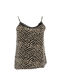 Camiseta sin mangas de estampado de cebra en beige y negro, con tirantes finos y un borde de encaje en el escote, de corte suelto y ligero.
