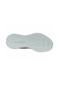 Semelle de chaussure de sport blanche avec des motifs pour une bonne adhérence, vue par le dessous sur un fond blanc.