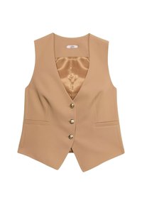 Chaleco beige ajustado hecho de tela suave con forro de satén, escote en V profundo, cinco botones dorados y dos bolsillos frontales.