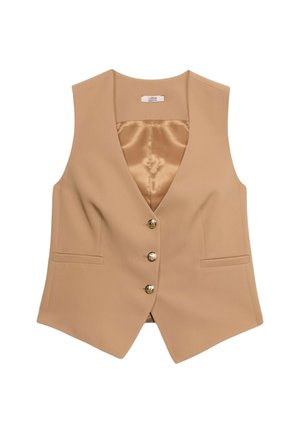 Beige op maat gemaakte vest van gladde stof heeft een satijnen voering, diepe V-hals, vijf gouden knopen en twee voorkeurszakken.