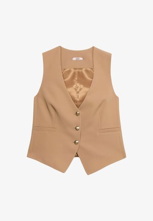 Beige skræddersyet vest lavet af glat stof har satinfór, dyb V-hals, fem gyldne knapper og to frontlommer.