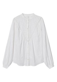 Weißes Langarmhemd mit Knopfverschluss vorne, Stehkragen und gestickten Details auf der Schulterpartie. Weicher, strukturierten Stoff.