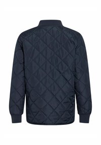 Temno modra prešita jakna z rebrastim ovratnikom in manšetami, s partnerskim vzorcem diamantov in dolgimi rokavi, zasnovana za toploto in udobje.