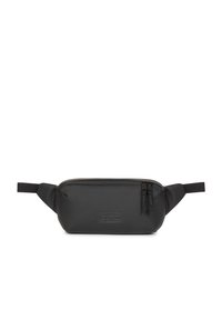 Marsupio sintetico nero con una texture liscia, forma arrotondata, cerniera frontale e patch con logo. Dispone di cinturini regolabili su entrambi i lati.