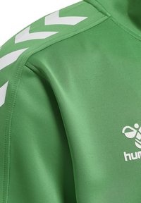 Veste de sport verte avec une texture lisse, dotée de motifs en chevron blancs sur les manches et d'un logo blanc à l'avant.