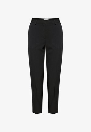 Pantaloni neri su misura alla caviglia con passanti per cintura e chiusura con zip frontale, esposti su uno sfondo bianco.