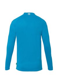 Chemise à manches longues de couleur bleu vif, fabriquée en tissu lisse. Avec un col rond et un logo discret à l'arrière près du col.