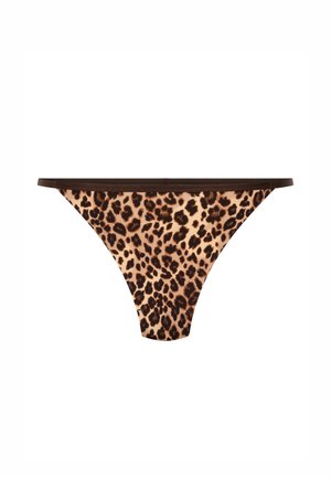 Tanga met luipaardprint op een beige basis, donkerbruine tailleband en afwerking. Heeft een gladde textuur en een ontwerp met minimale bedekking.