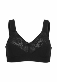 Musta pitsinen rintaliivi pehmeästä kankaasta, V-mallinen kaula-aukko, leveät hihnat, kukkakuvioiset pitsipaneelit ja pieni nauha keskellä.