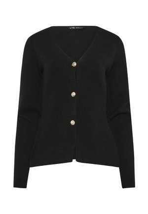 Cardigan nero a maniche lunghe con scollo a V, tre bottoni dorati sul davanti, silhouette aderente e trama a maglia semplice.