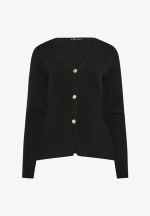 Cardigan nero a maniche lunghe con scollo a V, tre bottoni dorati sul davanti, silhouette aderente e trama a maglia semplice.