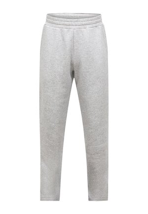 Hellgraue Jogginghose mit elastischem Bund und zulaufenden Beinen, entworfen für Freizeit- oder Sportbekleidung.