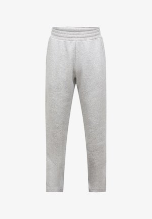 Hellgraue Jogginghose mit elastischem Bund und zulaufenden Beinen, entworfen für Freizeit- oder Sportbekleidung.