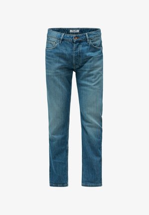 Heren jeans van blauw denim met rechte pijpen, voorzakken, lussen voor een riem, knoopsluiting en lichte vervaging op de dijen en knieën.