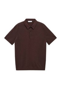 Brązowa koszulka polo z krótkim rękawem wykonana z miękkiego materiału, z klasycznym kołnierzykiem i patką na trzy guziki. Prosty i czysty design.