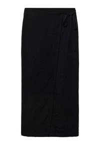Falda negra tipo envolvente hecha de tejido texturizado, con un lazo en la cintura y un diseño de longitud media con un dobladillo desigual.