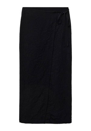 Zwarte wikkelrok van textuurstof, met een strik in de taille en een middellange design met een ongelijke zoom.