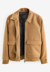 Chaqueta de mezcla de lana marrón con cuello doblado, cremallera frontal, dos grandes bolsillos con parche y dobladillo y puños acanalados. Interior forrado en negro.