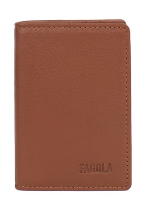 Portefeuille bifold en cuir marron avec coutures visibles et "FAGOLA" embossé dans le coin inférieur droit de la face avant.