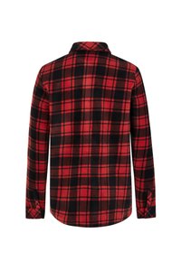 Flanellen shirt met een rood en zwart ruitpatroon, lange mouwen en een kraag. Zachte textuur met een afgeronde zoom en manchetten met één knop.