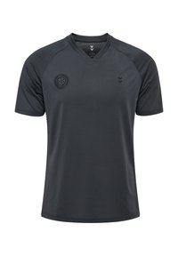 Donkergrijze sporttrui met V-hals, korte mouwen, mesh panelen en een logo op de linkerkant van de borst. Gladde, vochtregulerende stof.