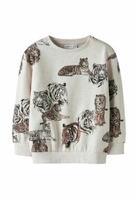 Gaiši pelēka džemperis ar dažādiem tīģera dizainiem brūnos un melnos toņos. Ērts audums ar ribotām aprocēm un apakšmalu.