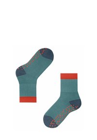 Zielono-niebieskie skarpetki o żebrowanej fakturze, z czerwonym akcentem przy mankiecie i wzorzystą, pomarańczową powierzchnią antypoślizgową na podeszwie. Długość do połowy łydki.