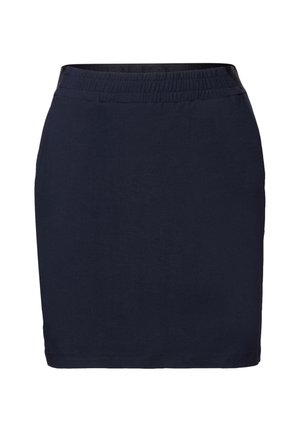 Navy-sininen, venyvä jersey-minihame, jossa on elastinen vyötärö. Sileä rakenne ja tiukka malli ilman kuvioita tai lisävarusteita.
