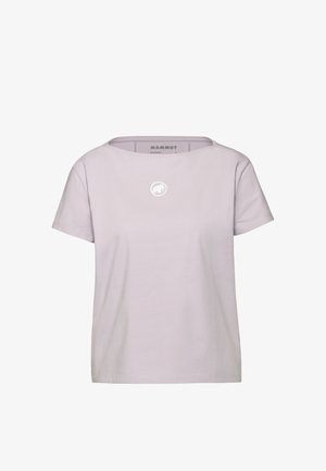 Jasnofioletowa koszulka z krótkim rękawem wykonana z bawełny, z okrągłym dekoltem i białym okrągłym logo na piersi.