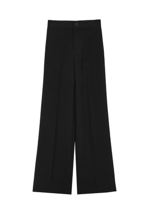 Pantalons larges noirs à taille haute, avec des plis avant et une fermeture à bouton. Fabriqués dans un tissu lisse et structuré.