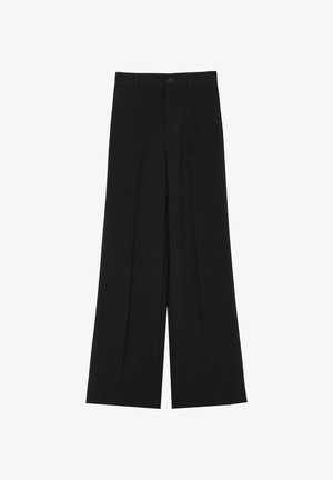 Pantaloni neri a gamba larga con vita alta, caratterizzati da pieghe frontali e chiusura con bottone. Realizzati in un tessuto liscio e strutturato.