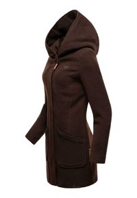 Manteau marron à manches longues en matière douce, avec une grande capuche, une fermeture éclair à l'avant et deux poches latérales. Agrémenté de détails avec le logo.