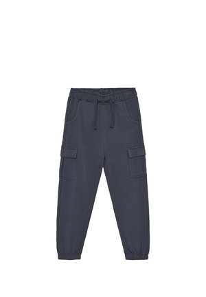 Pantaloni della tuta blu navy realizzati in misto cotone, con vita elastica, coulisse e due tasche cargo sui lati. Polsini elastici alle caviglie.