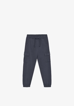 Pantalon de survêtement bleu marine en mélange de coton, avec une ceinture élastique, un cordon de serrage et deux poches cargo sur les côtés. Poignets élastiques aux chevilles.