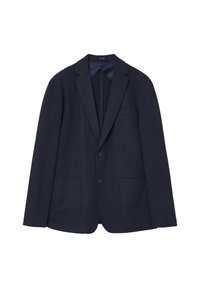 Blazer blu navy realizzato in tessuto testurizzato, con revers a punta, taschino a petto singolo e due tasche frontali; chiusura a due bottoni.