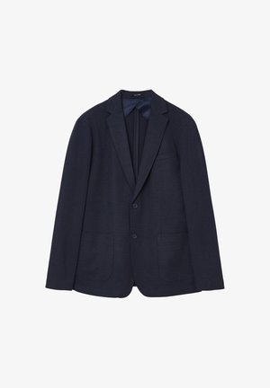 Marineblazer aus strukturiertem Stoff mit Reverskragen, einer Brusttasche und zwei Fronttaschen; zwei Knopfverschluss.