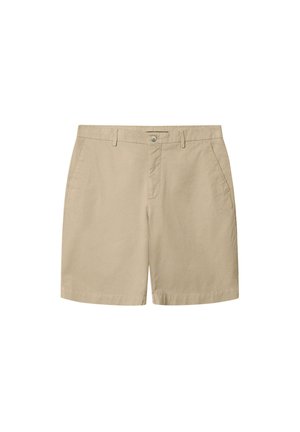 Beige puuvillashortsit, joissa on tasainen etuosa, napin kiinnitys, kaksi sivutaskua ja puhdas, sileä pinta. Yksinkertainen muotoilu ilman kuvioita.