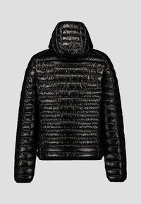 Giacca a vento nera con cappuccio, caratterizzata da una trama trapuntata, finitura lucida e polsini elasticizzati. La vista posteriore mostra cuciture orizzontali.