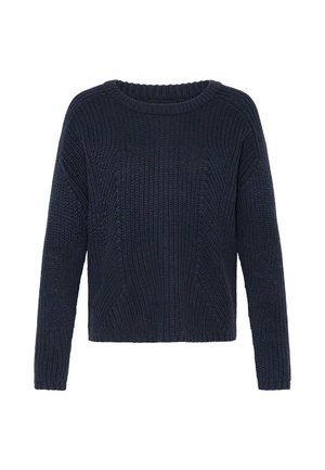 Pull en tricot bleu marine foncé avec un col rond, des épaules tombantes et une coupe décontractée. Il présente des motifs en maille câble texturée et des poignets côtelés.